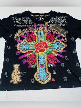 Christian Audigier ladies Black embellished Graphic Cross Tee size medium  BNWT